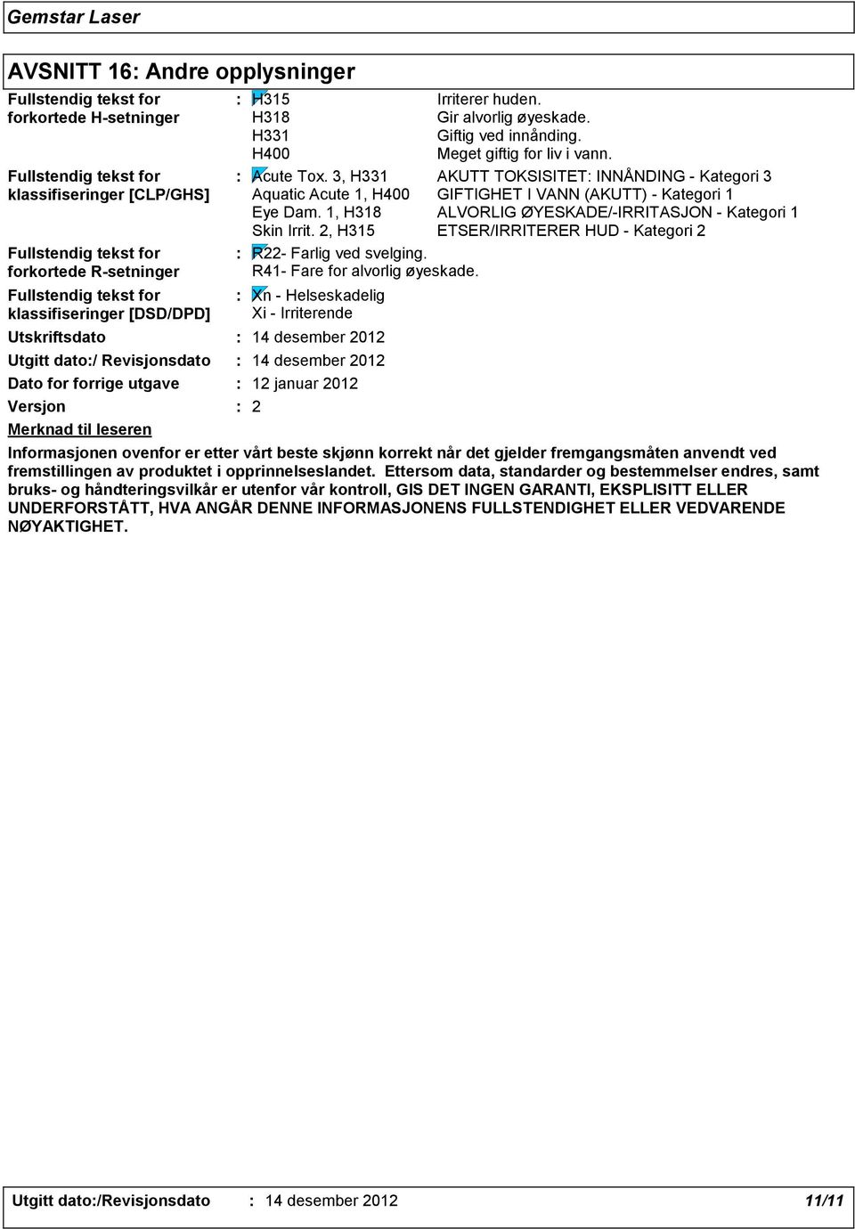 H400 Meget giftig for liv i vann. Acute Tox. 3, H331 AKUTT TOKSISITET INNÅNDING Kategori 3 Aquatic Acute 1, H400 GIFTIGHET I VANN (AKUTT) Kategori 1 Eye Dam.