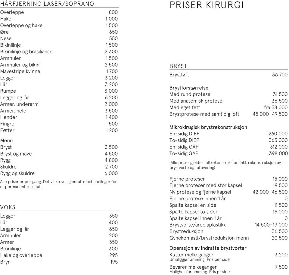 Skuldre 2 700 Rygg og skuldre 6 000 Alle priser er per gang. Det vil kreves gjentatte behandlinger for et permanent resultat.