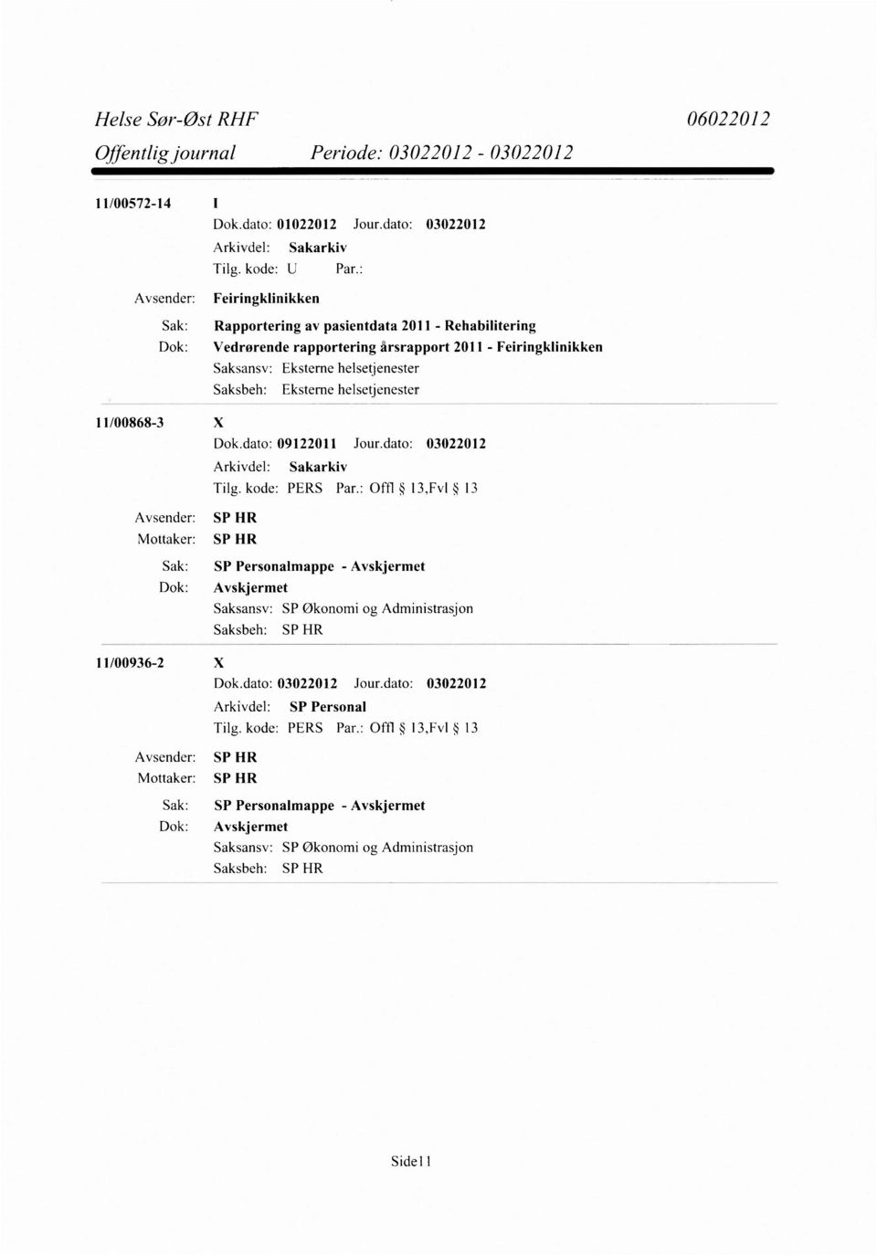 dato: 03022012 Avsender: Feiringklinikken Sak: Rapportering av pasientdata 2011 - Rehabilitering