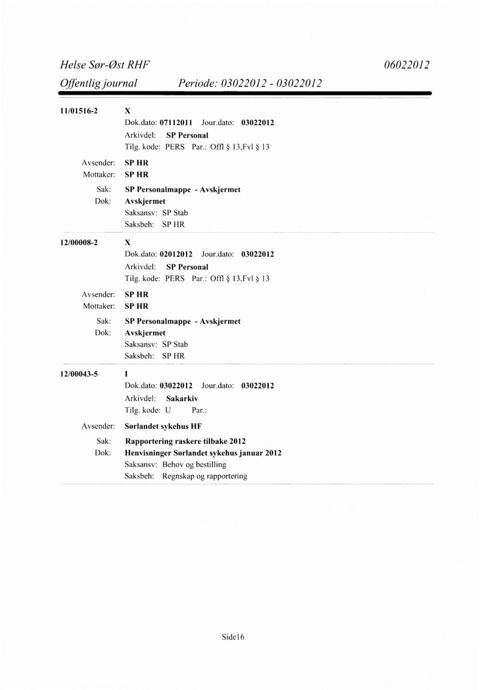 dato: 03022012 SP Stab 12/00043-5 Avsender: Sørlandet sykehus HF Sak: Rapportering raskere