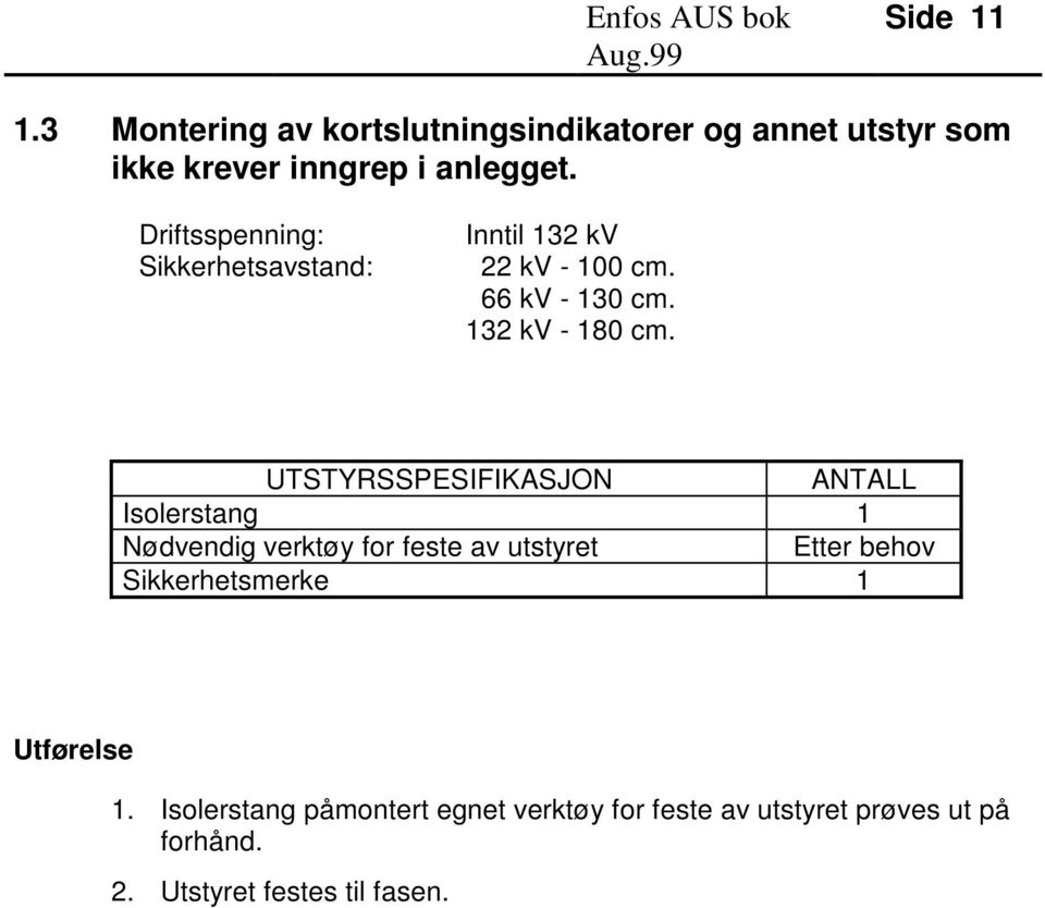 UTSTYRSSPESIFIKASJON ANTALL Isolerstang 1 Nødvendig verktøy for feste av utstyret Etter behov