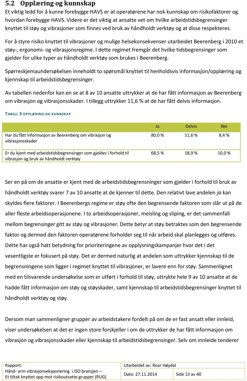 For å styre risiko knyttet til vibrasjoner og mulige helsekonsekvenser utarbeidet Beerenberg i 2010 et støy-, ergonomi- og vibrasjonsregime.