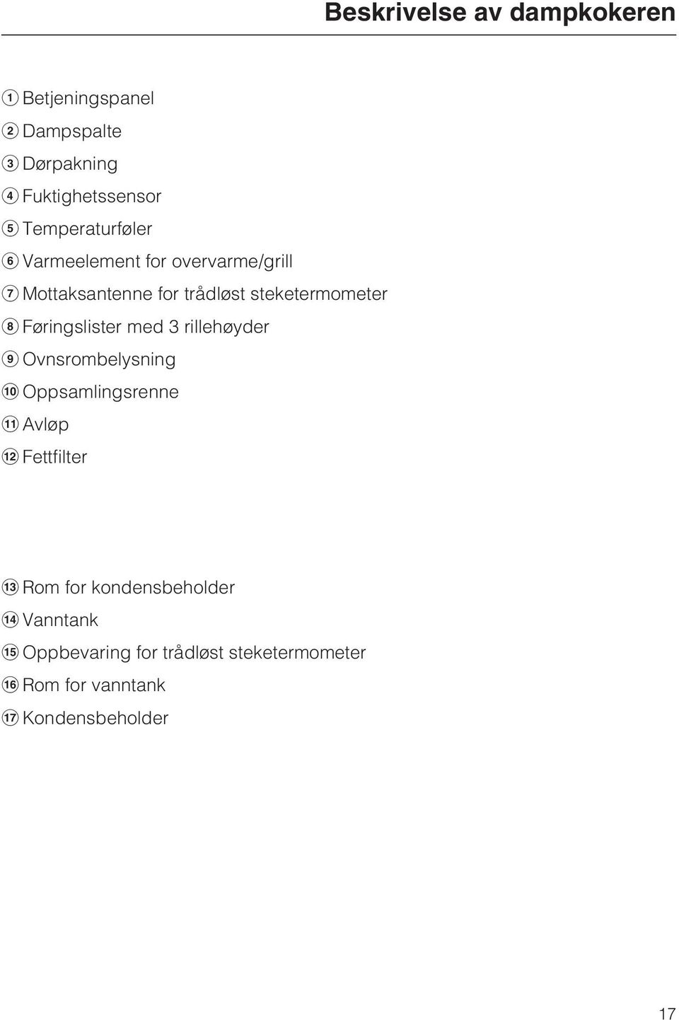 steketermometer Føringslister med 3 rillehøyder Ovnsrombelysning Oppsamlingsrenne Avløp