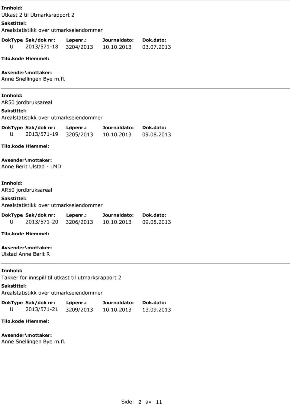 2013 Anne Berit lstad - LMD AR50 jordbruksareal Arealstatistikk over utmarkseiendommer 2013/571-20 3206/2013 09.08.