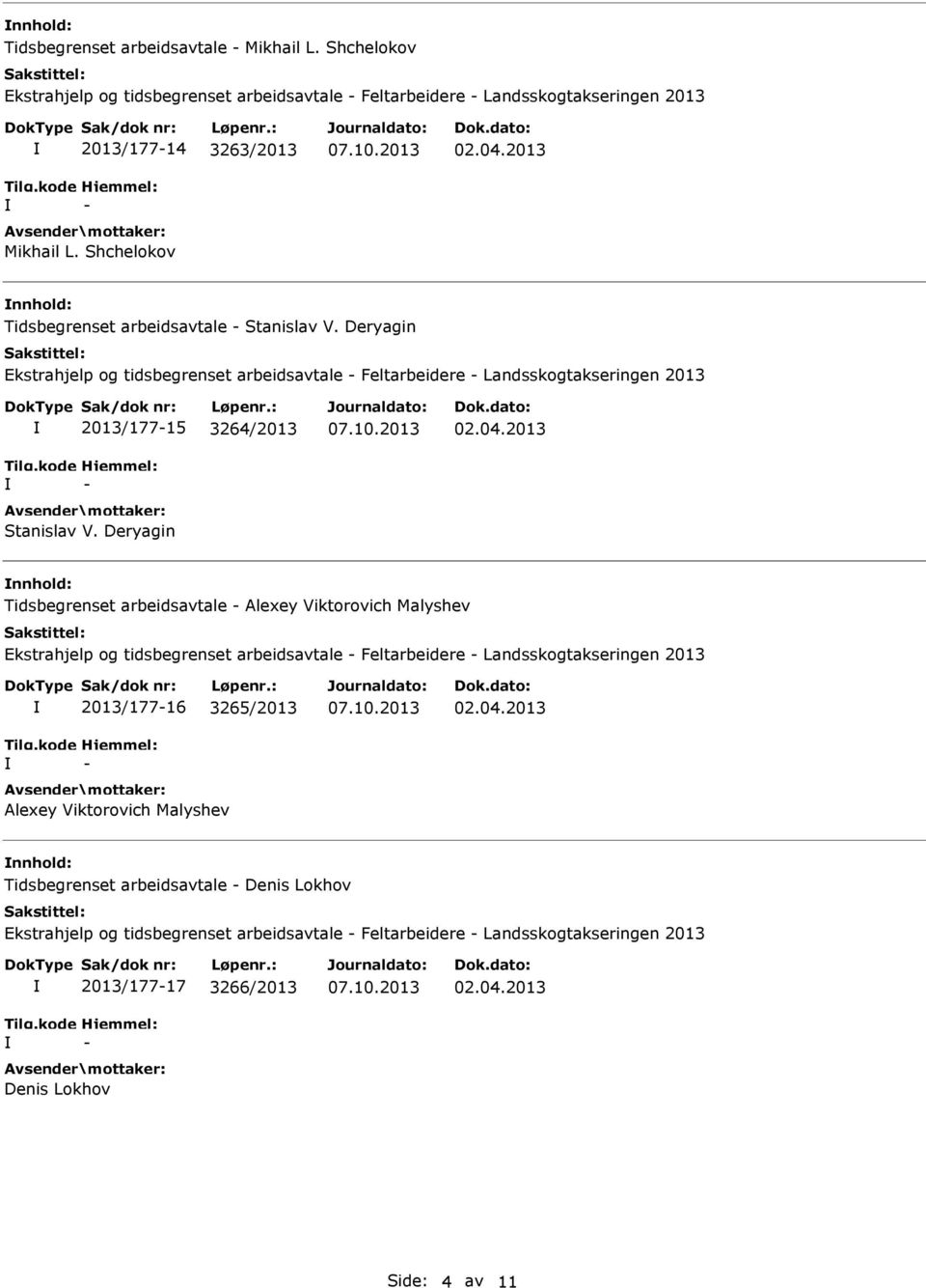 2013 Tidsbegrenset arbeidsavtale - Alexey Viktorovich Malyshev Ekstrahjelp og tidsbegrenset arbeidsavtale - Feltarbeidere - Landsskogtakseringen 2013 2013/177-16 3265/2013 - Alexey Viktorovich