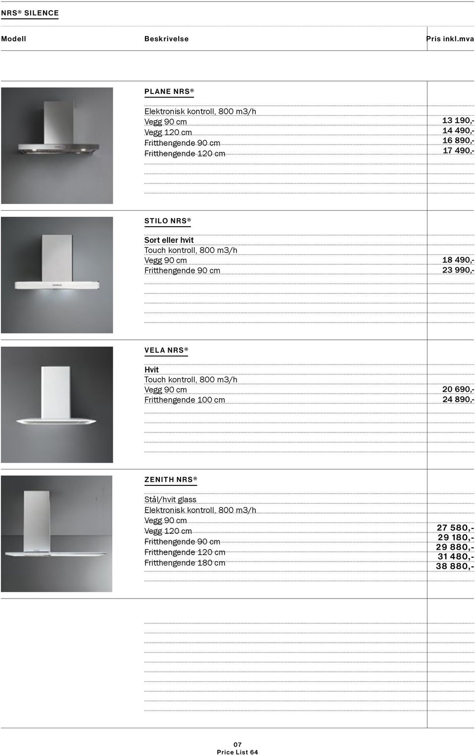 Hvit Touch kontroll, 800 m3/h Fritthengende 100 cm 20 690,- 24 890,- ZENITH NRS Stål/hvit glass Vegg 120