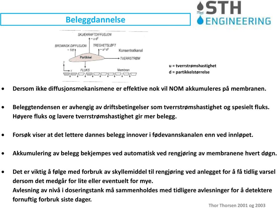 Forsøk viser at det lettere dannes belegg innover i fødevannskanalen enn ved innløpet. Akkumulering av belegg bekjempes ved automatisk ved rengjøring av membranene hvert døgn.