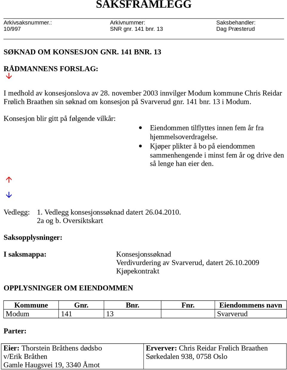 Konsesjon blir gitt på følgende vilkår: Eiendommen tilflyttes innen fem år fra hjemmelsoverdragelse. Kjøper plikter å bo på eiendommen sammenhengende i minst fem år og drive den så lenge han eier den.