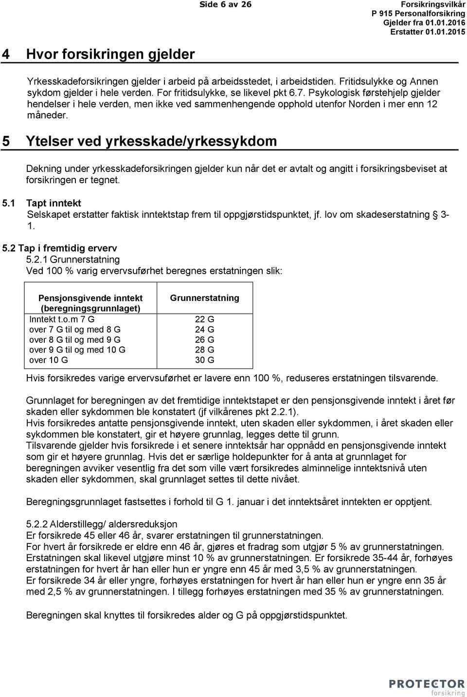 5 Ytelser ved yrkesskade/yrkessykdom Dekning under yrkesskadeforsikringen gjelder kun når det er avtalt og angitt i forsikringsbeviset at forsikringen er tegnet. 5.