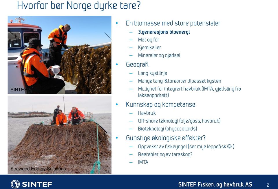 kysten Mulighet for integrert havbruk (IMTA, gjødsling fra lakseoppdrett) Kunnskap og kompetanse Havbruk Off-shore teknologi