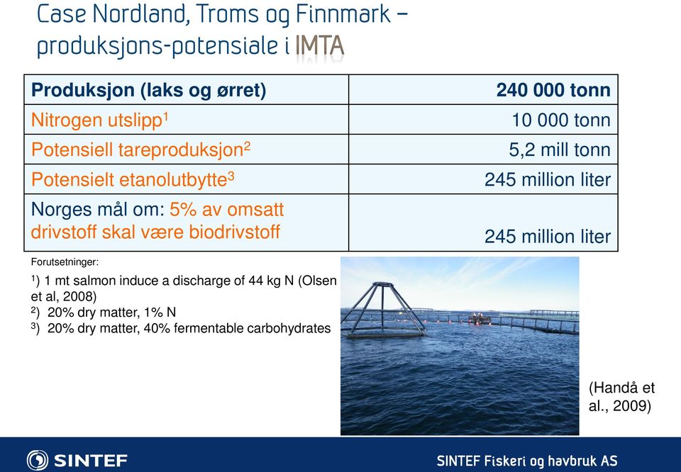 Forutsetninger: 1 ) 1 mt salmon induce a discharge of 44 kg N (Olsen et al, 2008) 2 ) 20% dry matter, 1% N 3 ) 20%