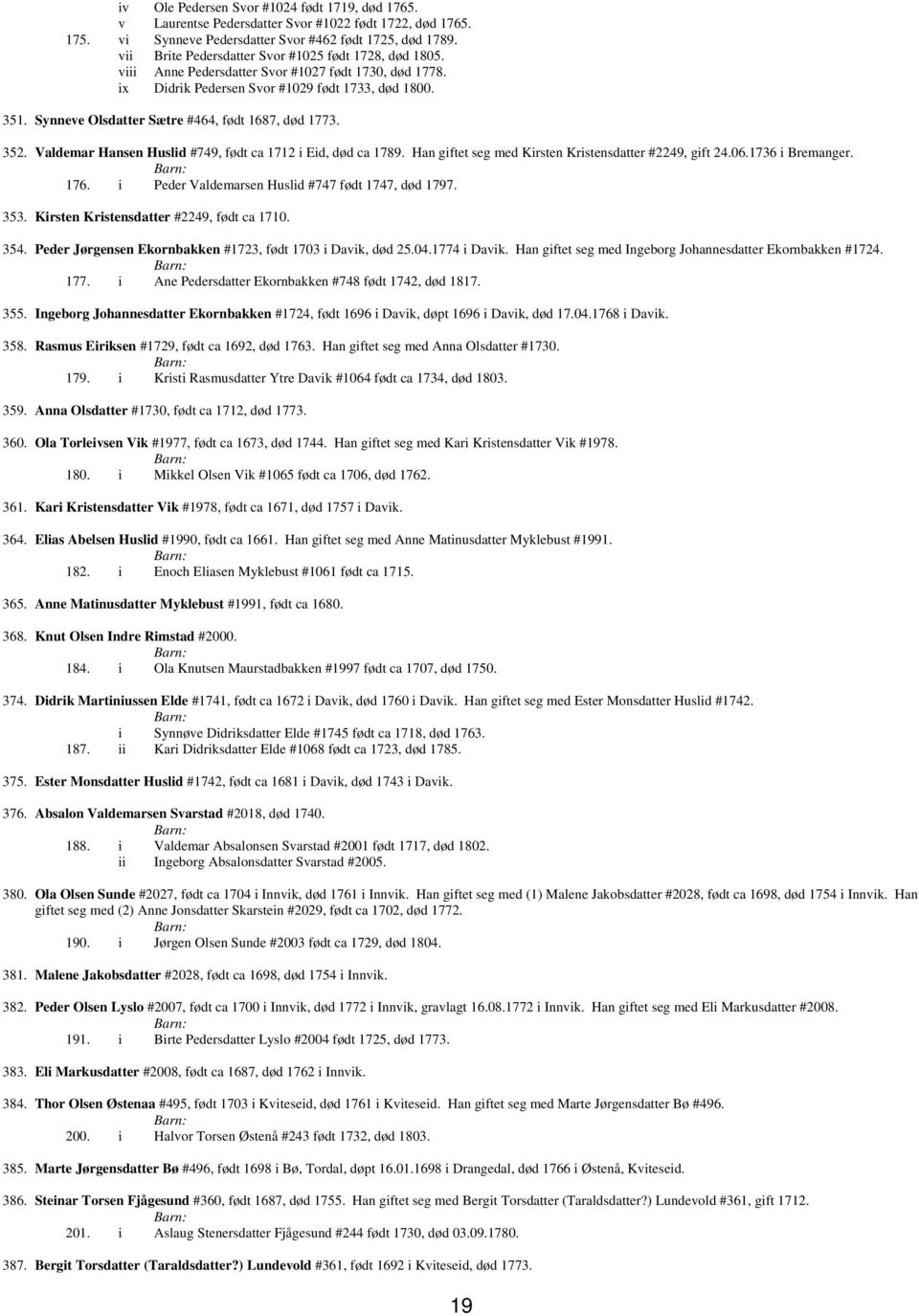 Synneve Olsdatter Sætre #464, født 1687, død 1773. 352. Valdemar Hansen Huslid #749, født ca 1712 i Eid, død ca 1789. Han giftet seg med Kirsten Kristensdatter #2249, gift 24.06.1736 i Bremanger. 176.