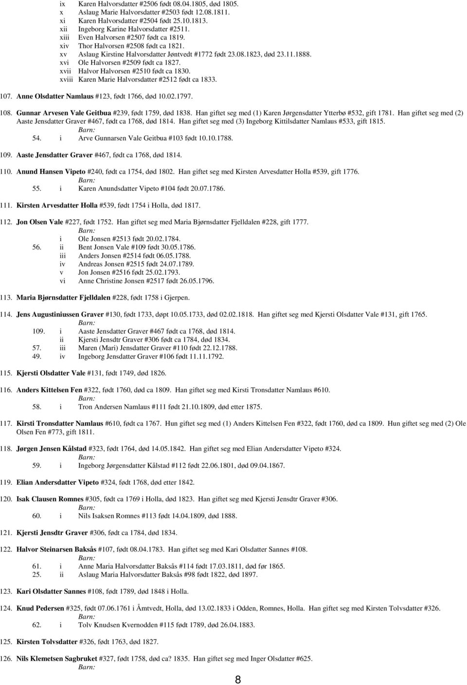 xvii Halvor Halvorsen #2510 født ca 1830. xviii Karen Marie Halvorsdatter #2512 født ca 1833. 107. Anne Olsdatter Namlaus #123, født 1766, død 10.02.1797. 108.