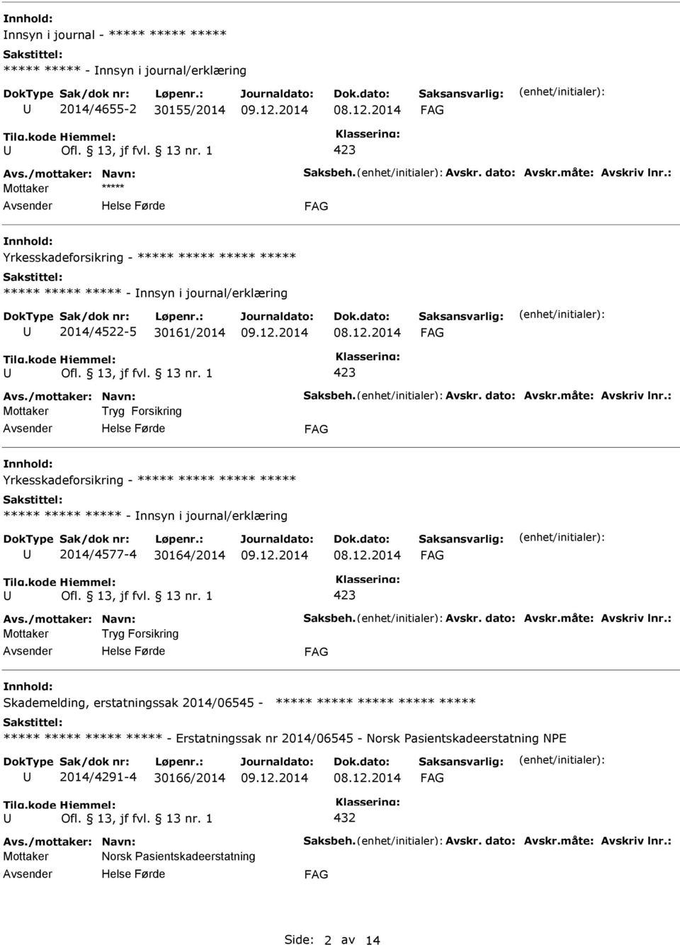 : Mottaker Tryg Forsikring Yrkesskadeforsikring - ***** ***** ***** ***** ***** ***** ***** - nnsyn i journal/erklæring 2014/4577-4 30164/2014 Avs./mottaker: Navn: Saksbeh. Avskr. dato: Avskr.