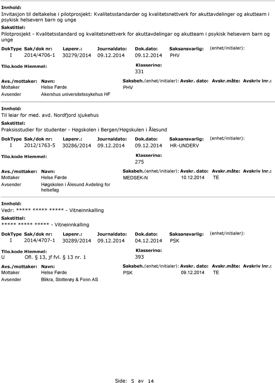 : HV Akershus universitetssykehus HF Til leiar for med. avd. Nordfjord sjukehus raksisstudier for studenter - Høgskolen i Bergen/Høgskulen i Ålesund 2012/1763-5 30286/2014 HR-NDERV 275 Avs.