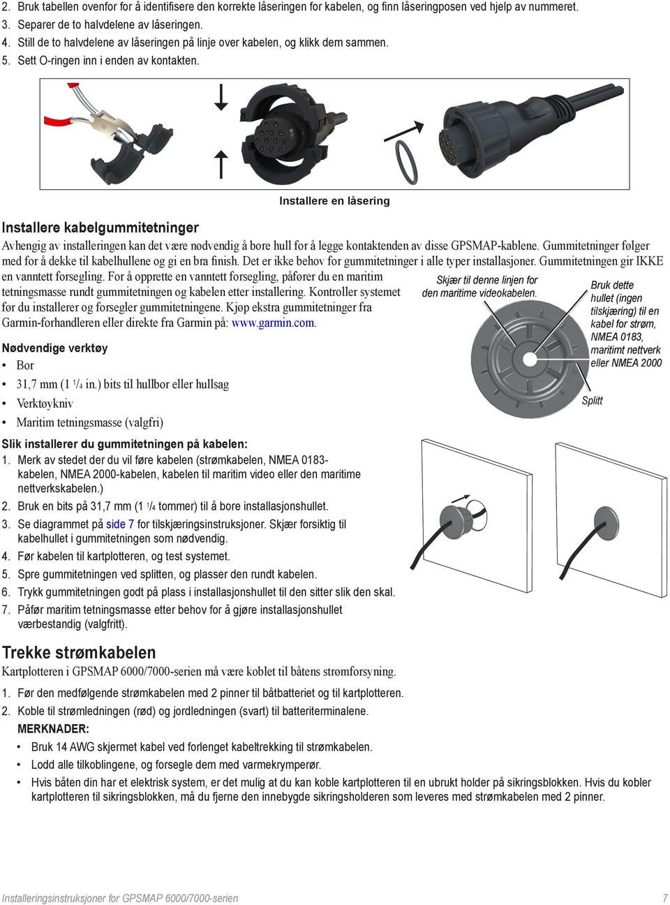 Installere en låsering Installere kabelgummitetninger Avhengig av installeringen kan det være nødvendig å bore hull for å legge kontaktenden av disse GPSMAP-kablene.