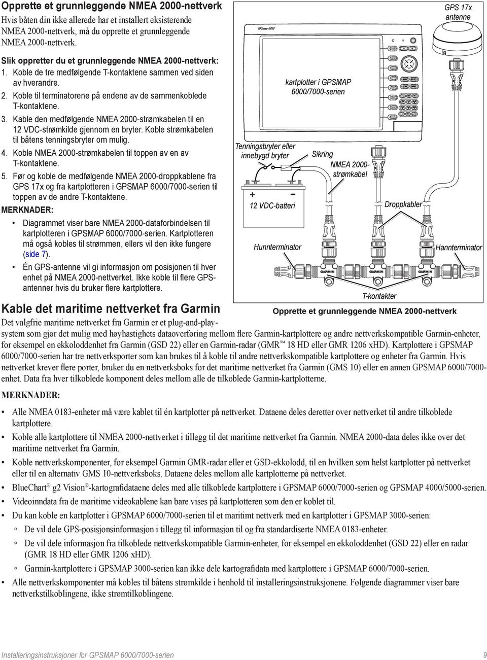 3. Kable den medfølgende NMEA 2000-strømkabelen til en 12 VDC-strømkilde gjennom en bryter. Koble strømkabelen til båtens tenningsbryter om mulig. 4.