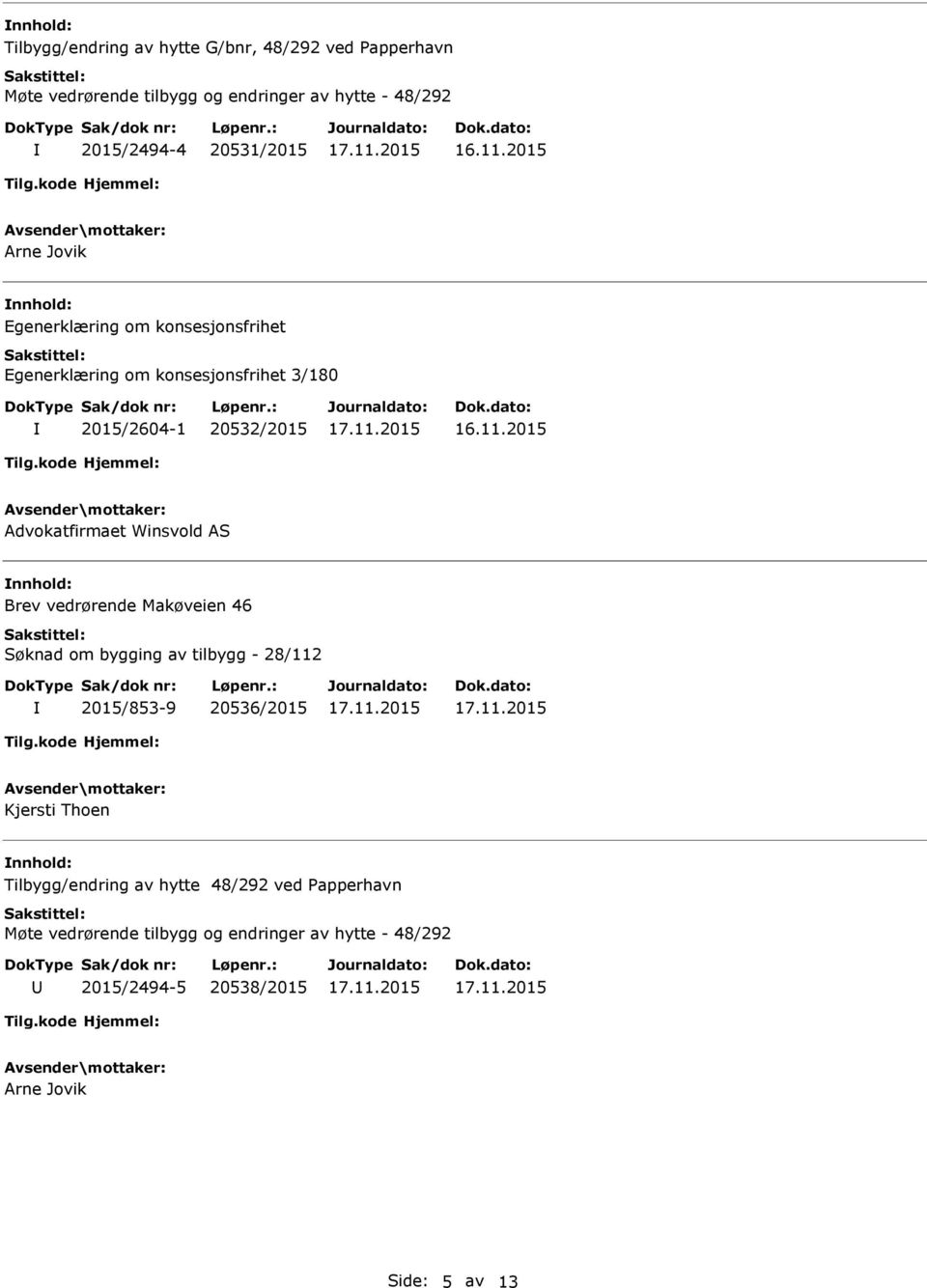 Advokatfirmaet Winsvold AS Brev vedrørende Makøveien 46 Søknad om bygging av tilbygg - 28/112 2015/853-9 20536/2015 Kjersti Thoen