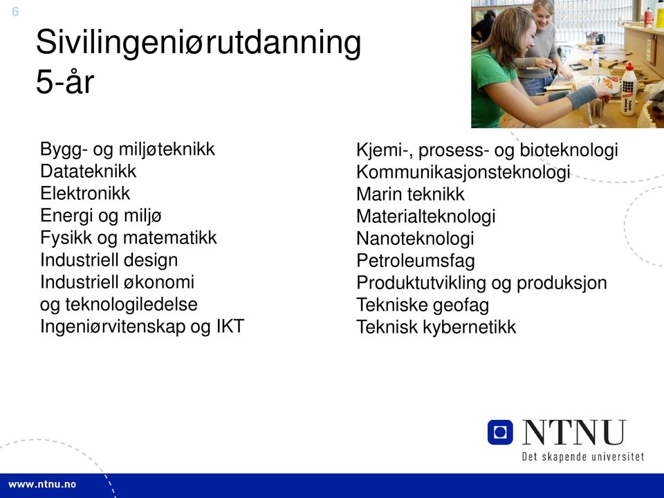 Ingeniørvitenskap og IKT Kjemi-, prosess- og bioteknologi Kommunikasjonsteknologi Marin