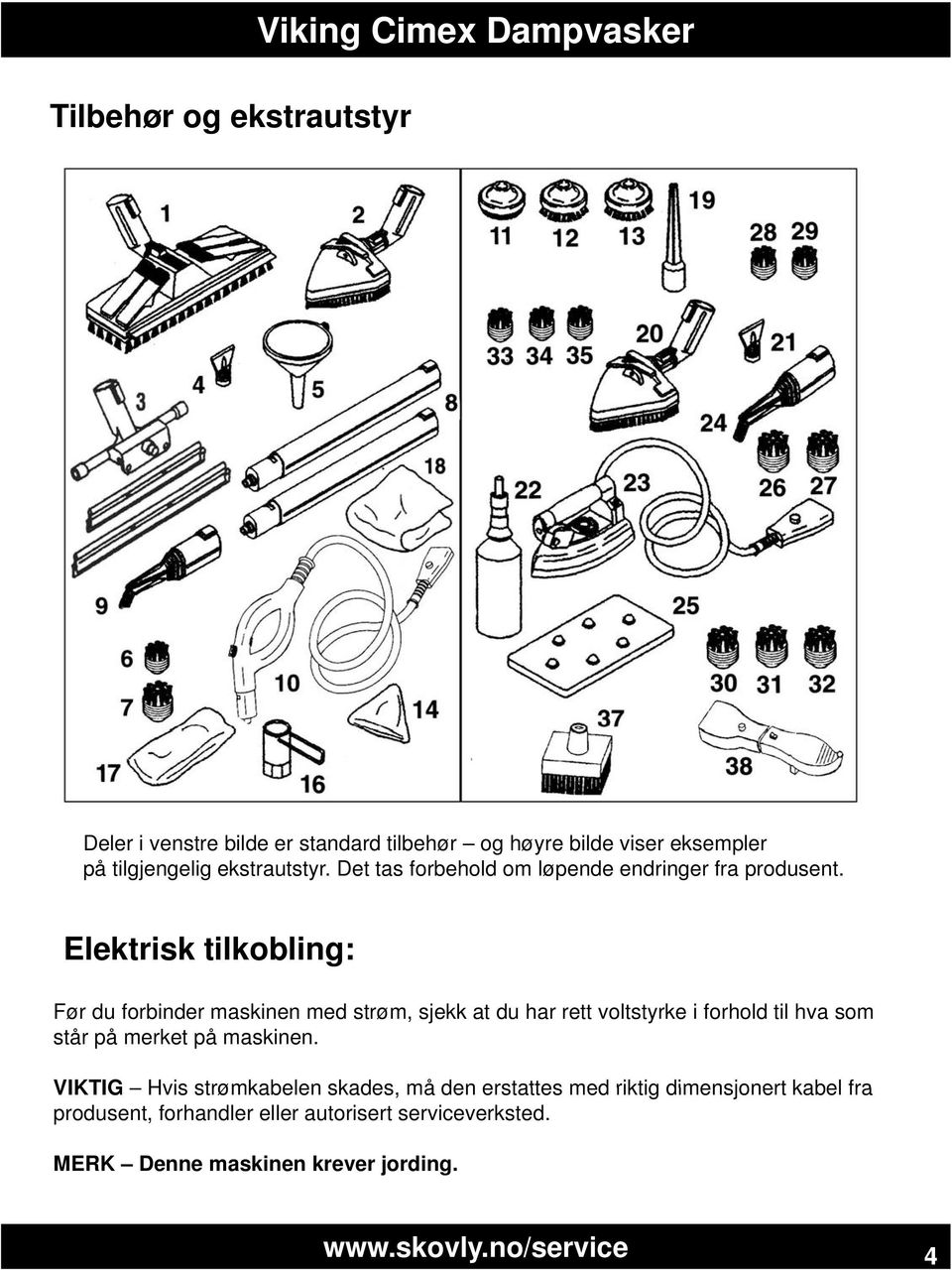 Elektrisk tilkobling: Før du forbinder maskinen med strøm, sjekk at du har rett voltstyrke i forhold til hva som står på merket på