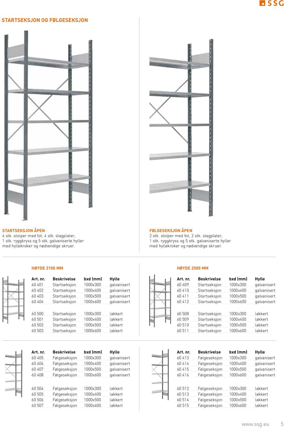 Beskrivelse bxd (mm) Hylle 60 401 Startseksjon 1000x300 galvanisert 60 402 Startseksjon 1000x400 galvanisert 60 403 Startseksjon 1000x500 galvanisert 60 404 Startseksjon 1000x600 galvanisert 60 500