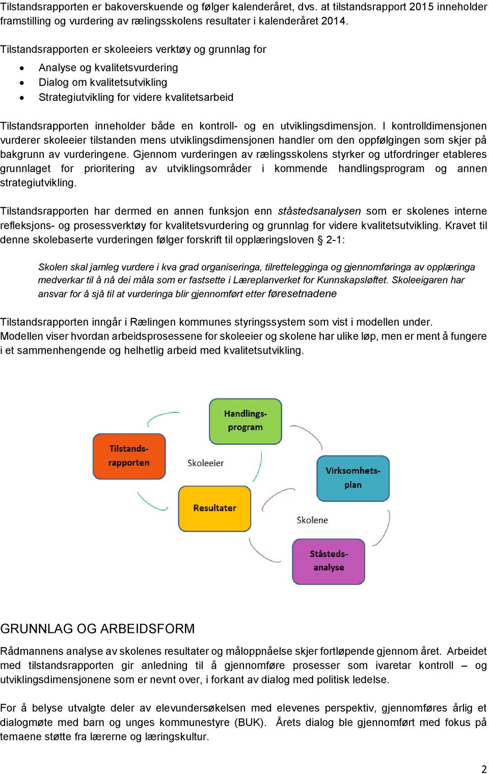 kontroll- og en utviklingsdimensjon. I kontrolldimensjonen vurderer skoleeier tilstanden mens utviklingsdimensjonen handler om den oppfølgingen som skjer på bakgrunn av vurderingene.