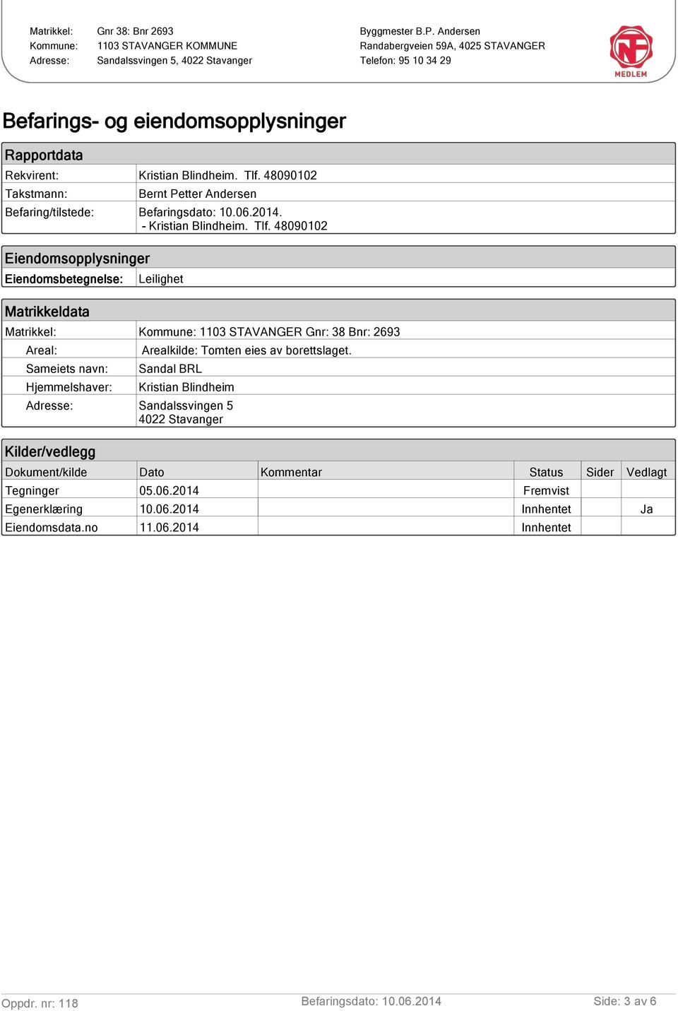 48090102 Eiendomsopplysninger Eiendomsbetegnelse: Matrikkeldata Leilighet Matrikkel: Kommune: 1103 STAVANGER Gnr: 38 Bnr: 2693 Areal: Arealkilde: Tomten eies av borettslaget.