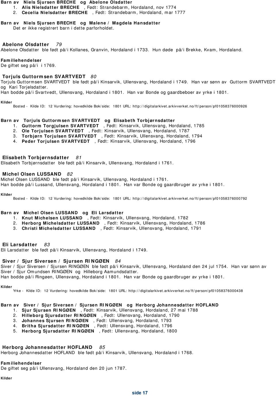 Abelone Olsdatter 79 Abelone Olsdatter ble født på/i Kollanes, Granvin, Hordaland i 1733. Hun døde på/i Brekke, Kvam, Hordaland. Familiehendelser De giftet seg på/i i 1769.