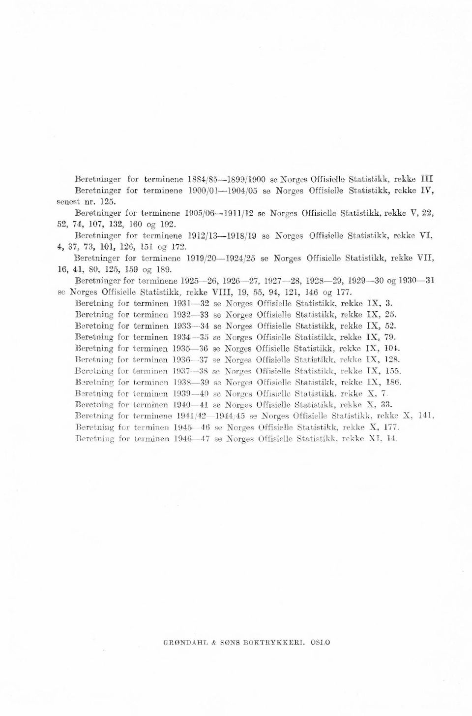 Beretninger for terminene 1912/13-1918/19 se Norges Offisielle Statistikk, rekke VI, 4, 37, 73, 11, 126, 151 og 172.