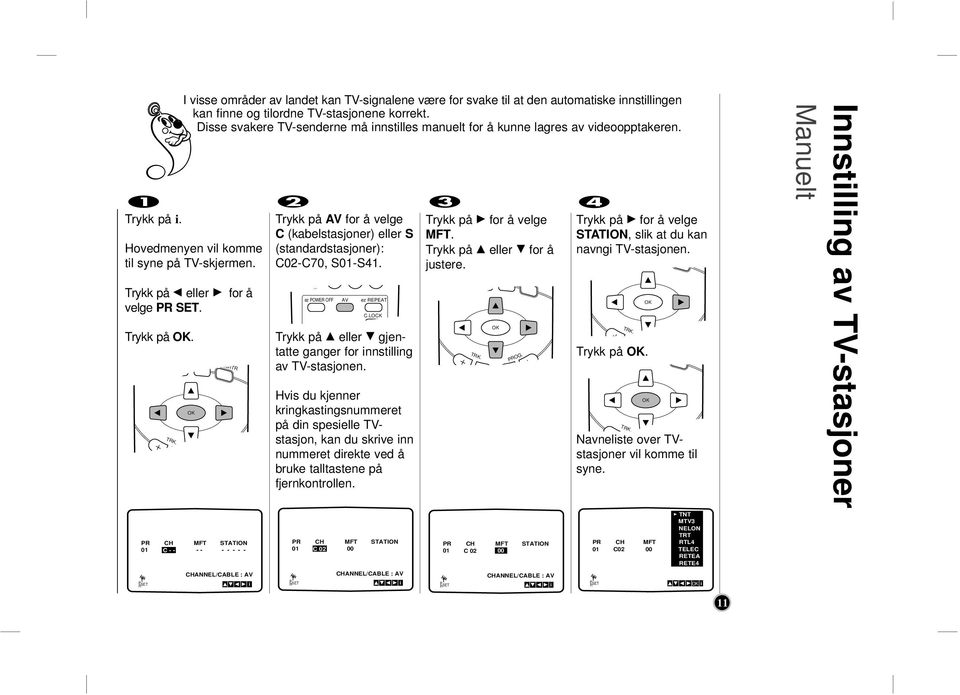 P PR CH MFT STATION 01 C - CHANNEL/CABLE : AV Trykk på AV for å velge C (kabelstasjoner) eller S (standardstasjoner): C02-C70, S01-S41.