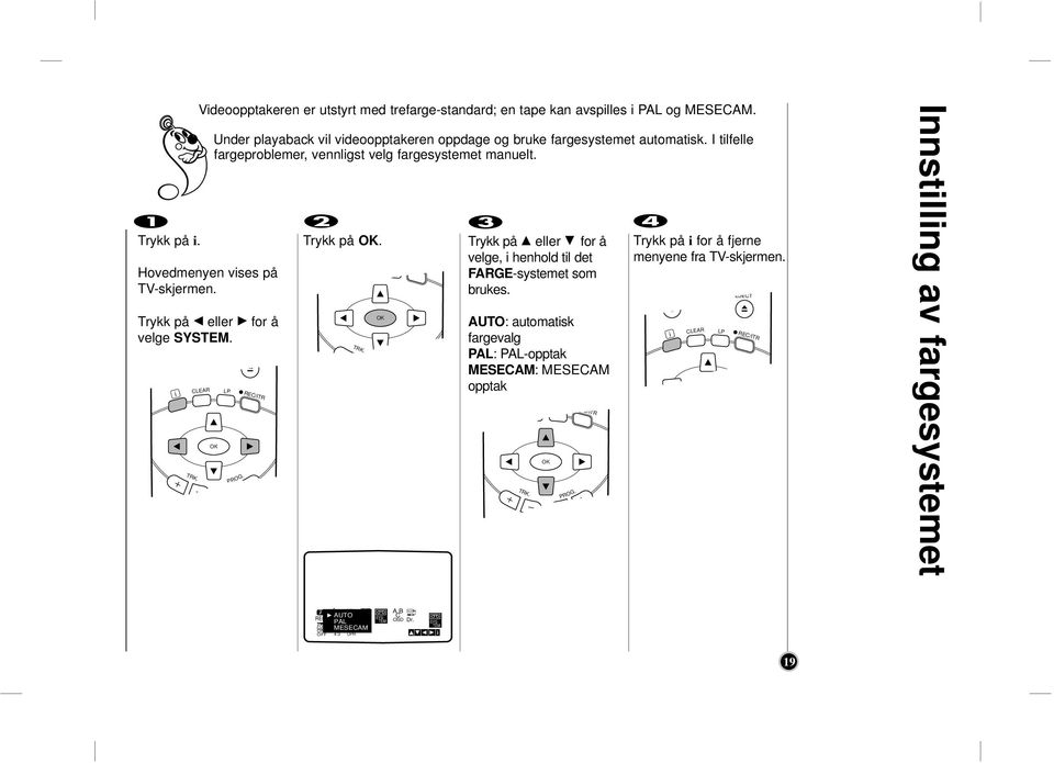 I tlfelle fargeproblemer, vennlgst velg fargesystemet manuelt. Trykk på. R Trykk på D eller E for å velge, henhold tl det FARGE-systemet som brukes.