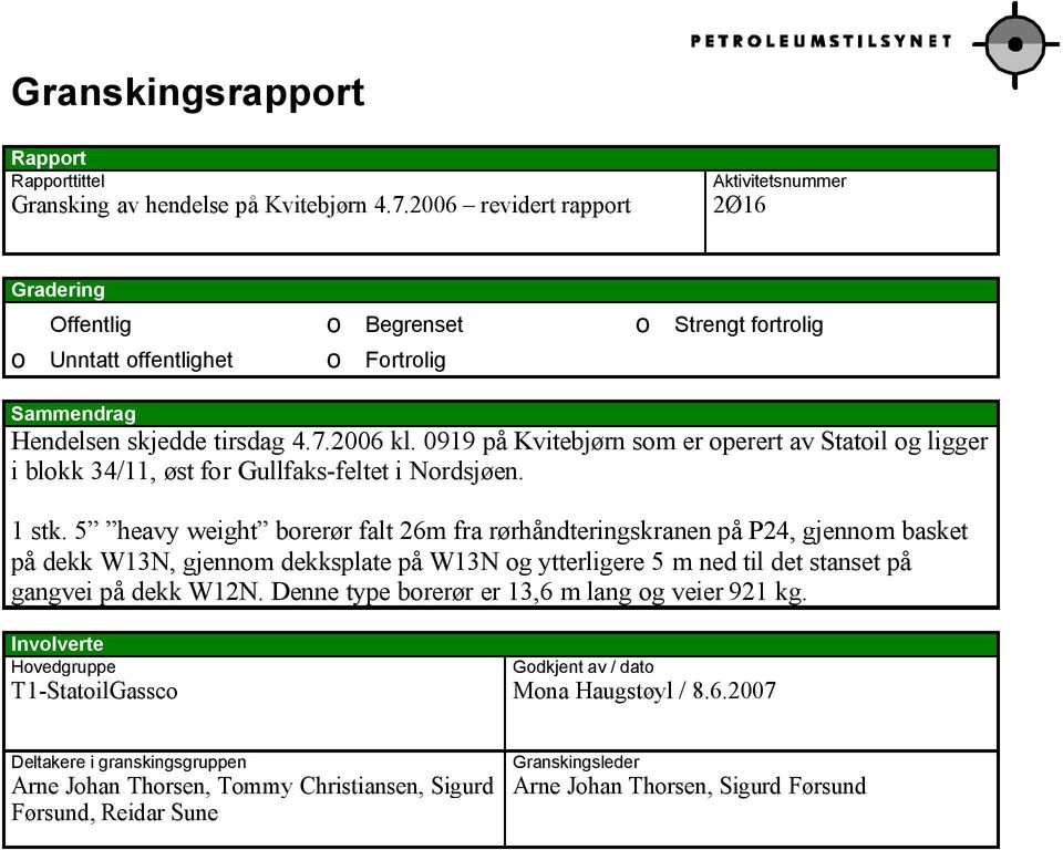 0919 på Kvitebjørn som er operert av Statoil og ligger i blokk 34/11, øst for Gullfaks-feltet i Nordsjøen. 1 stk.