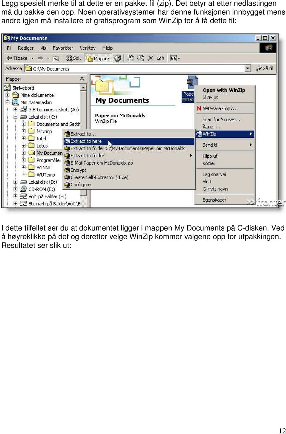 WinZip for å få dette til: I dette tilfellet ser du at dokumentet ligger i mappen My Documents på C-disken.