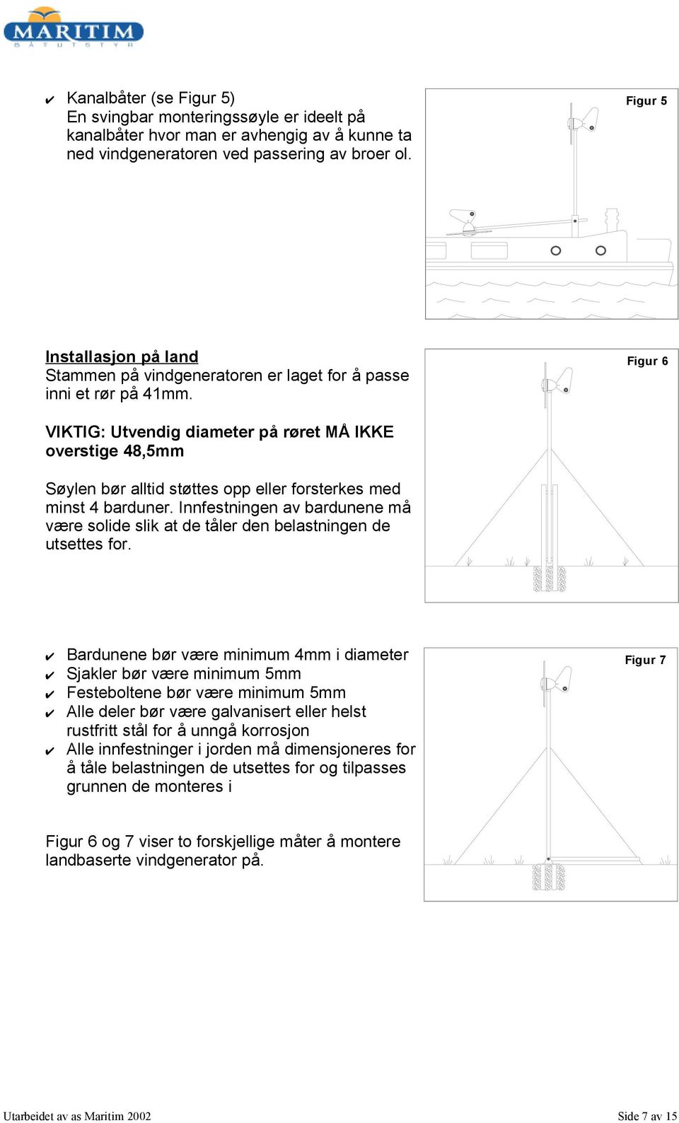 Figur 6 VIKTIG: Utvendig diameter på røret MÅ IKKE overstige 48,5mm Søylen bør alltid støttes opp eller forsterkes med minst 4 barduner.