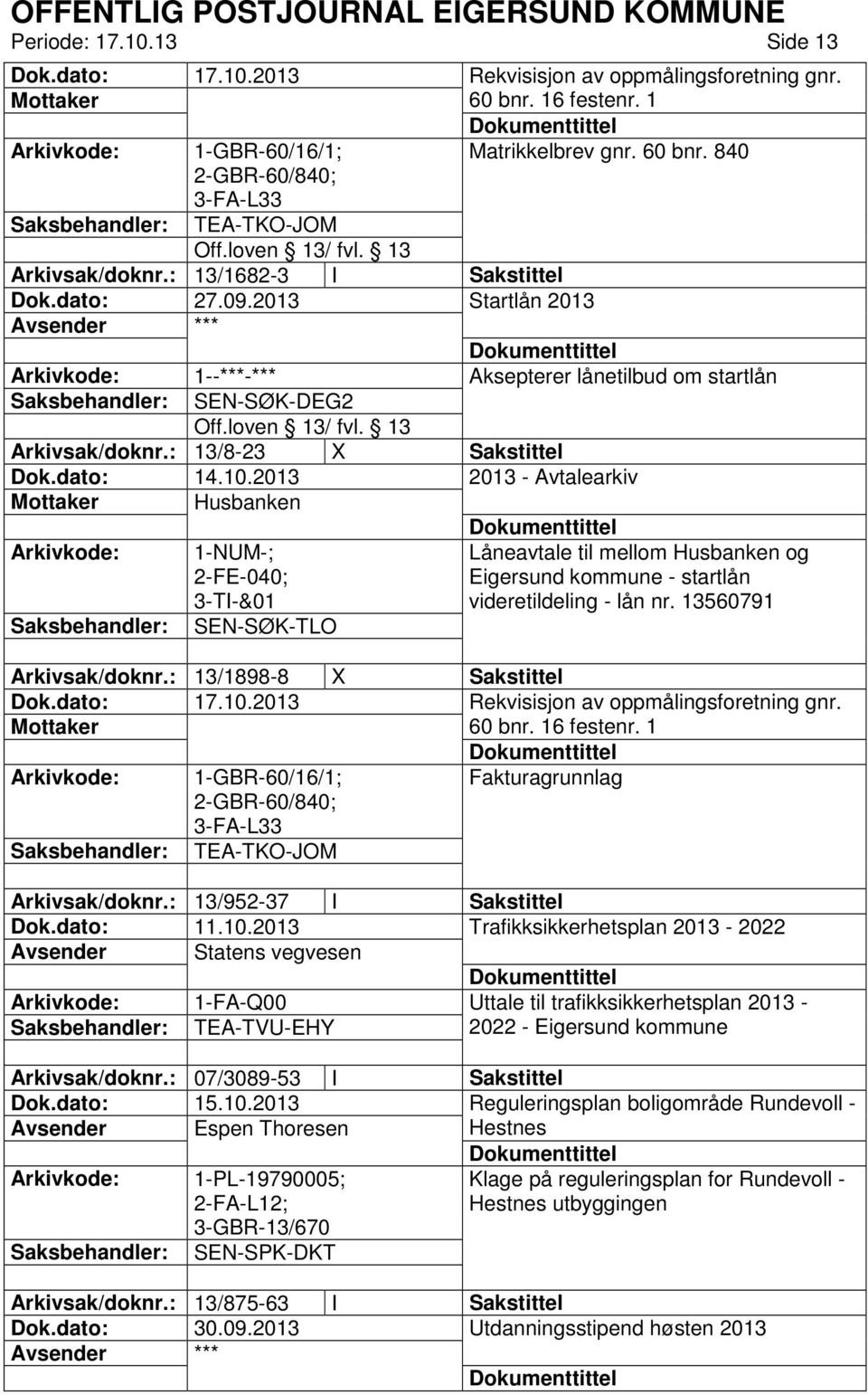 2013 2013 - Avtalearkiv Husbanken 1-NUM-; 2-FE-040; 3-TI-&01 Låneavtale til mellom Husbanken og Eigersund kommune - startlån videretildeling - lån nr. 13560791 SEN-SØK-TLO Arkivsak/doknr.