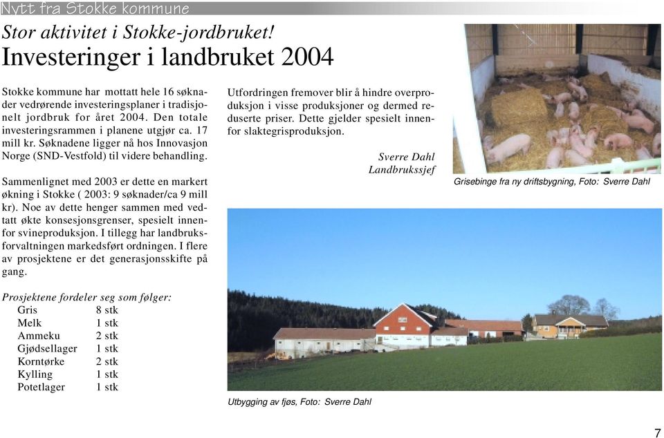 Sammenlignet med 2003 er dette en markert økning i Stokke ( 2003: 9 søknader/ca 9 mill kr). Noe av dette henger sammen med vedtatt økte konsesjonsgrenser, spesielt innenfor svineproduksjon.