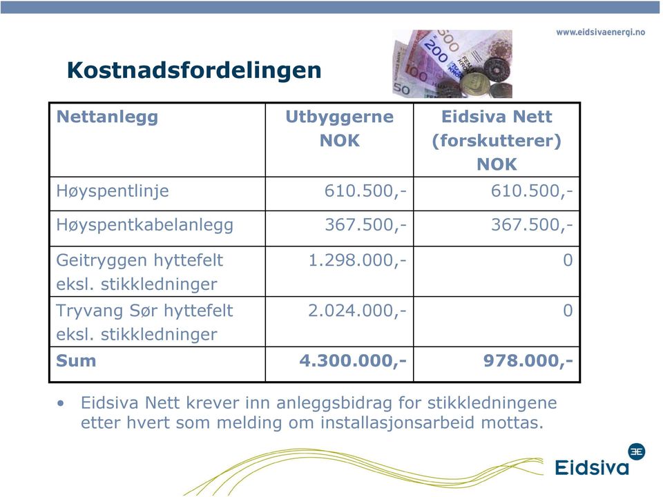stikkledninger Tryvang Sør hyttefelt 2.024.000,- 0 eksl. stikkledninger Sum 4.300.000,- 978.