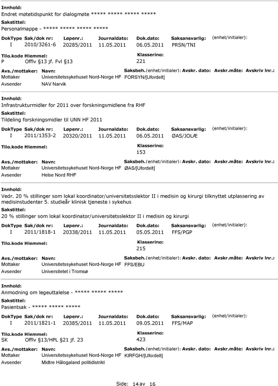 20320/2011 06.05.2011 ØAS/JOLÆ 153 Mottaker niversitetssykehuset Nord-Norge HF ØAS/[fordelt] Helse Nord RHF Vedr.