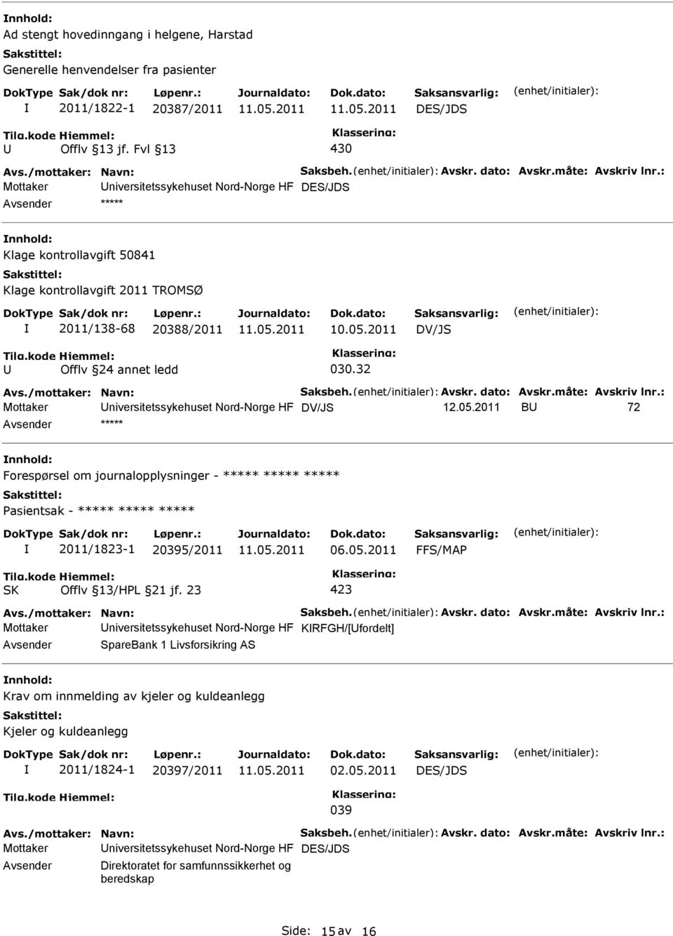 32 Mottaker niversitetssykehuset Nord-Norge HF DV/JS 12.05.2011 B 72 ***** Forespørsel om journalopplysninger - ***** ***** ***** asientsak - ***** ***** ***** 2011/1823-1 20395/2011 06.05.2011 FFS/MA Offlv 13/HL 21 jf.