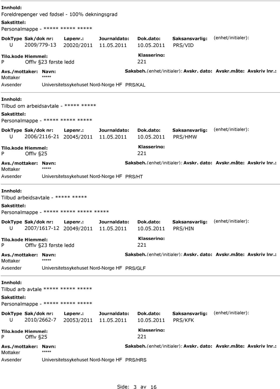 RS/HT Tilbud arbeidsavtale - ***** ***** ersonalmappe - ***** ***** ***** ***** 2007/1617-12 20049/2011 RS/HN Offlv 23 første ledd niversitetssykehuset