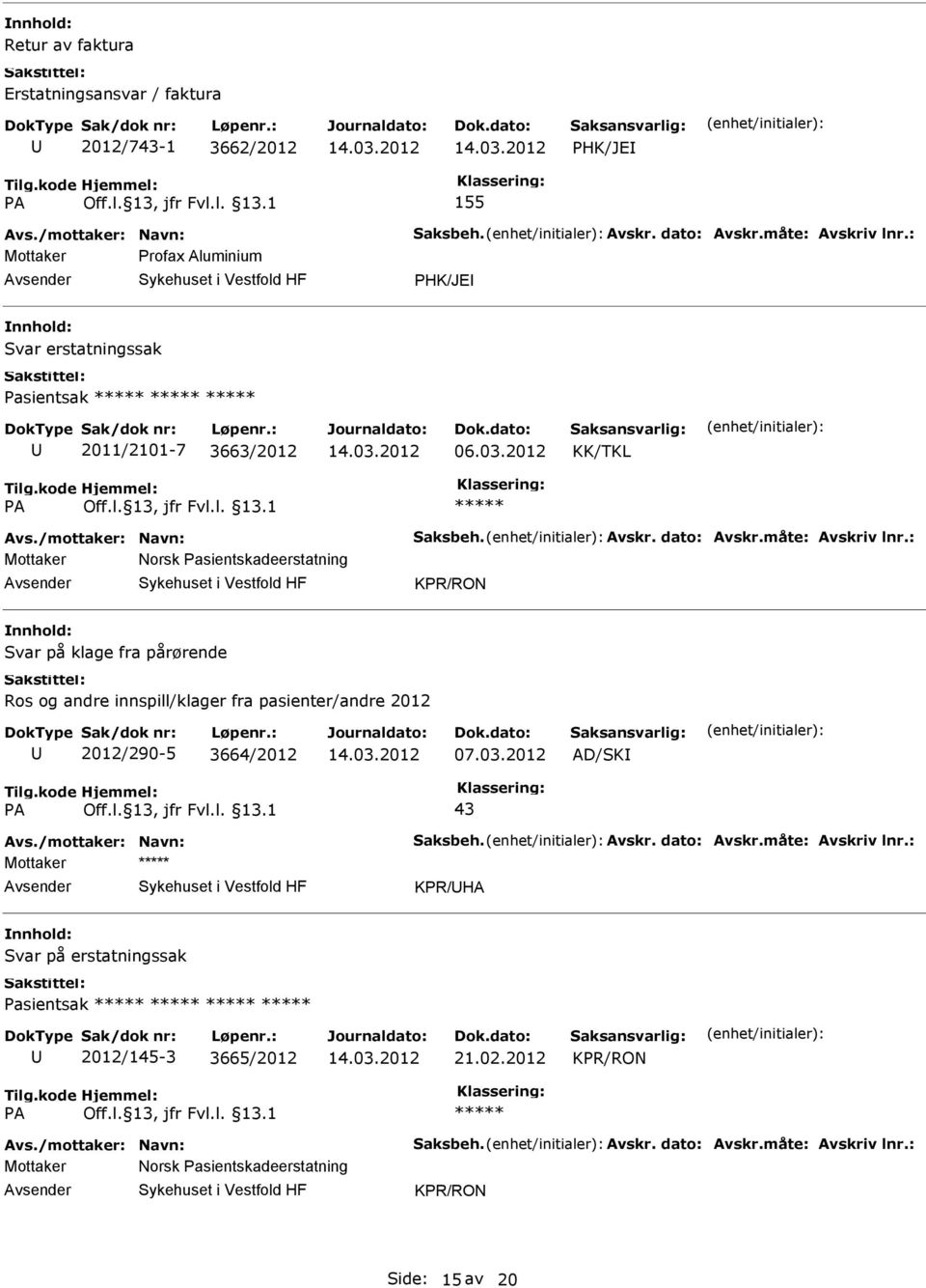 : Mottaker Norsk Pasientskadeerstatning KPR/RON Svar på klage fra pårørende Ros og andre innspill/klager fra pasienter/andre 2012 2012/290-5 3664/2012 AD/SK 43 Avs./mottaker: Navn: Saksbeh.