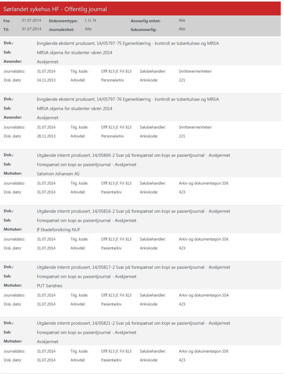 2013 Arkivdel: Personalarkiv Arkivkode: 221 tgående internt produsert, 14/05806-2 Svar på forespørsel om kopi av pasientjournal - Forespørsel om kopi av pasientjournal - Salomon Johansen AS Dok.