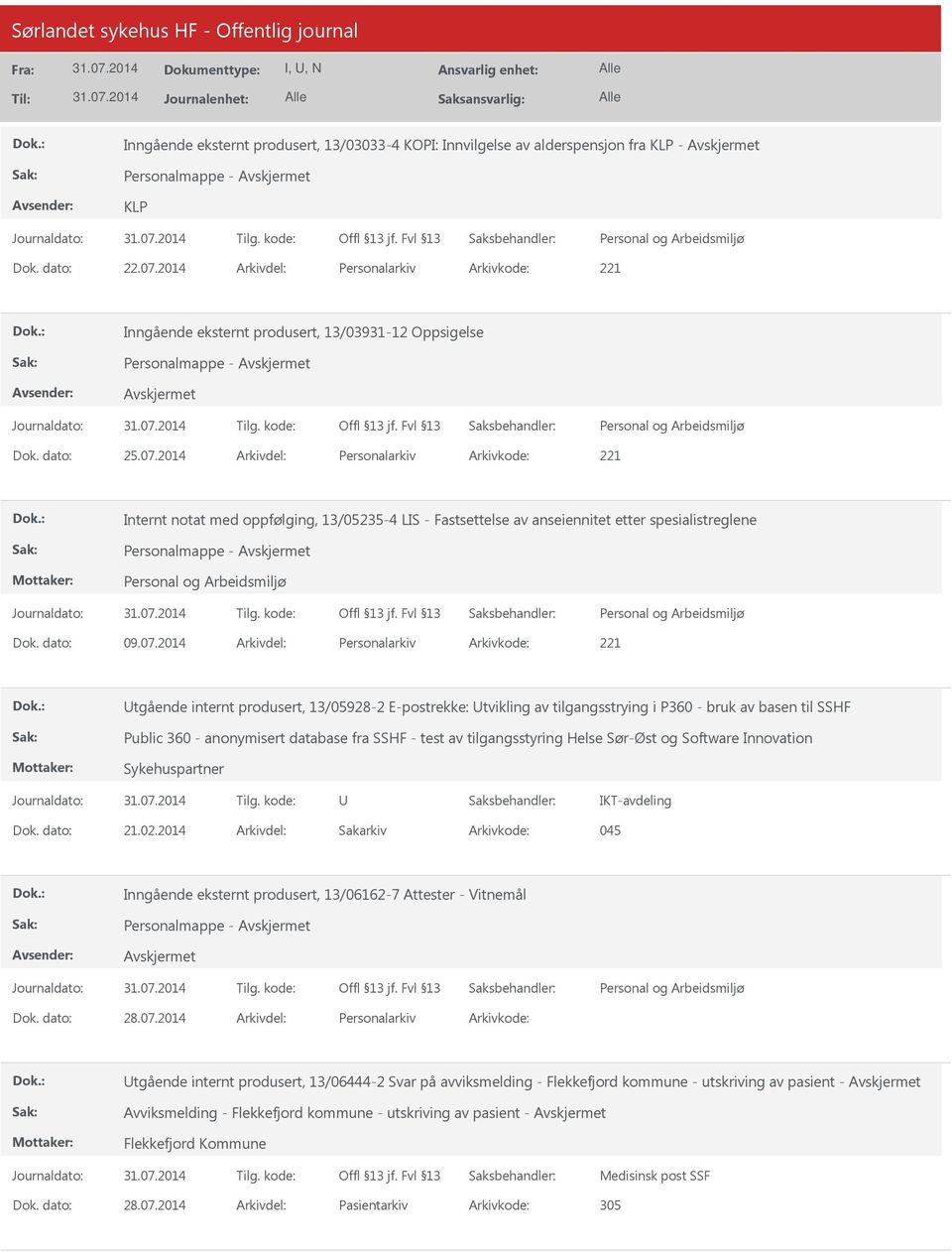 2014 Arkivdel: Personalarkiv Arkivkode: 221 Internt notat med oppfølging, 13/05235-4 LIS - Fastsettelse av anseiennitet etter spesialistreglene Personalmappe - Dok. dato: 09.07.