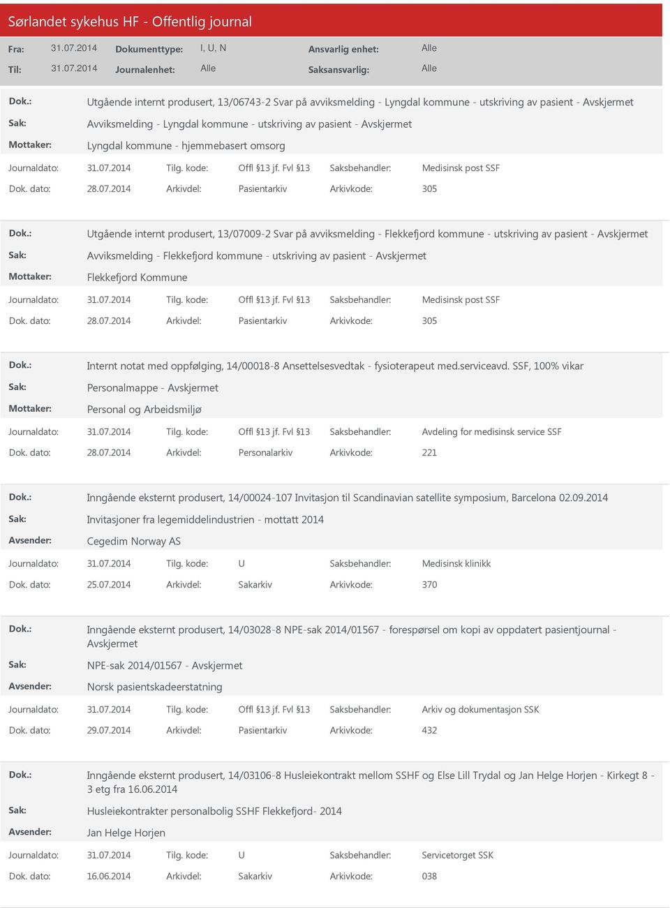 2014 Arkivdel: Pasientarkiv Arkivkode: 305 tgående internt produsert, 13/07009-2 Svar på avviksmelding - Flekkefjord kommune - utskriving av pasient - Avviksmelding - Flekkefjord kommune - utskriving