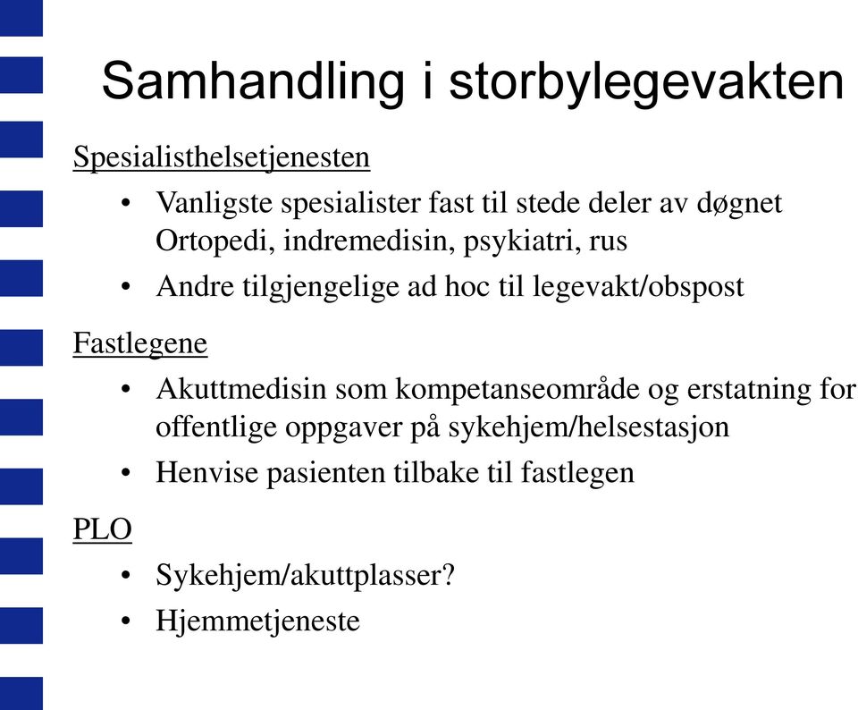 legevakt/obspost Fastlegene PLO Akuttmedisin som kompetanseområde og erstatning for offentlige