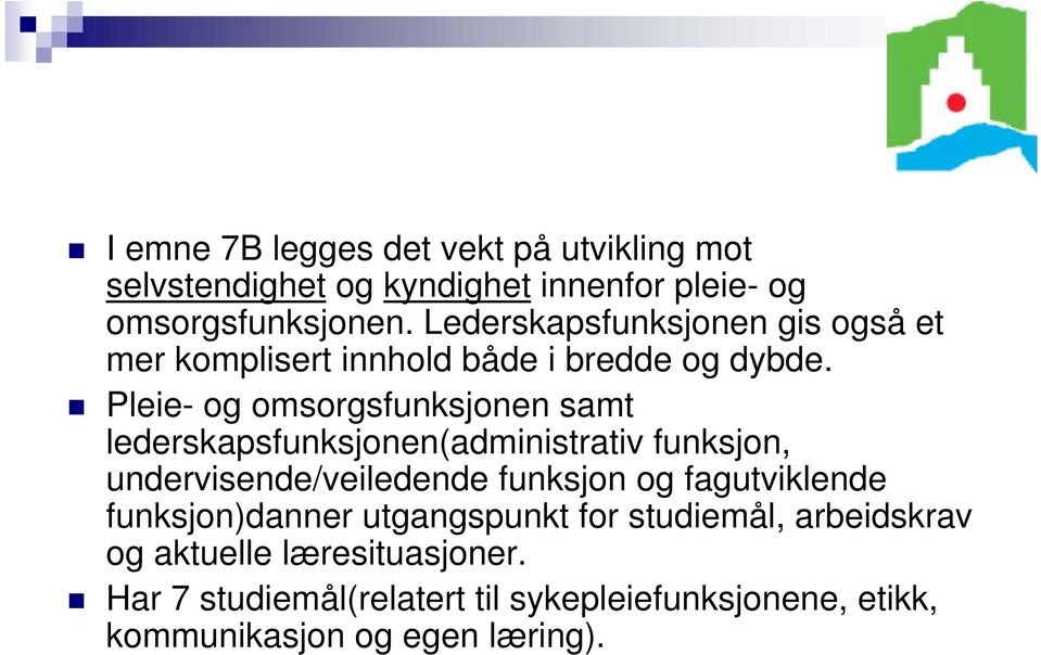 Pleie- og omsorgsfunksjonen samt lederskapsfunksjonen(administrativ funksjon, undervisende/veiledende funksjon og