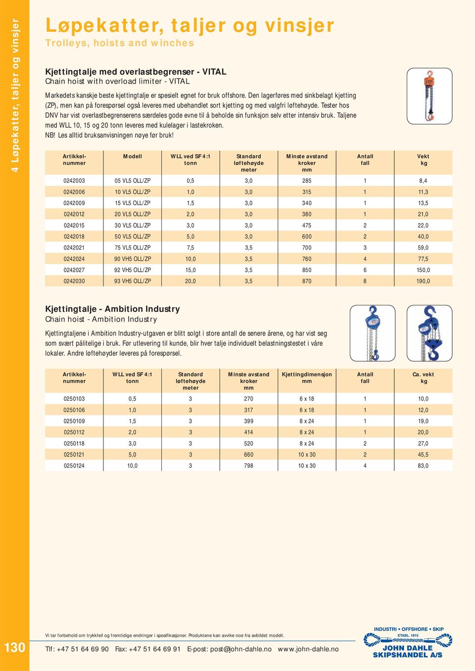 Tester hos DNV har vist overlastbegrenserens særdeles gode evne til å beholde sin funksjon selv etter intensiv bruk. Taljene med WLL 10, 15 og 20 leveres med kulelager i lastekroken. N!