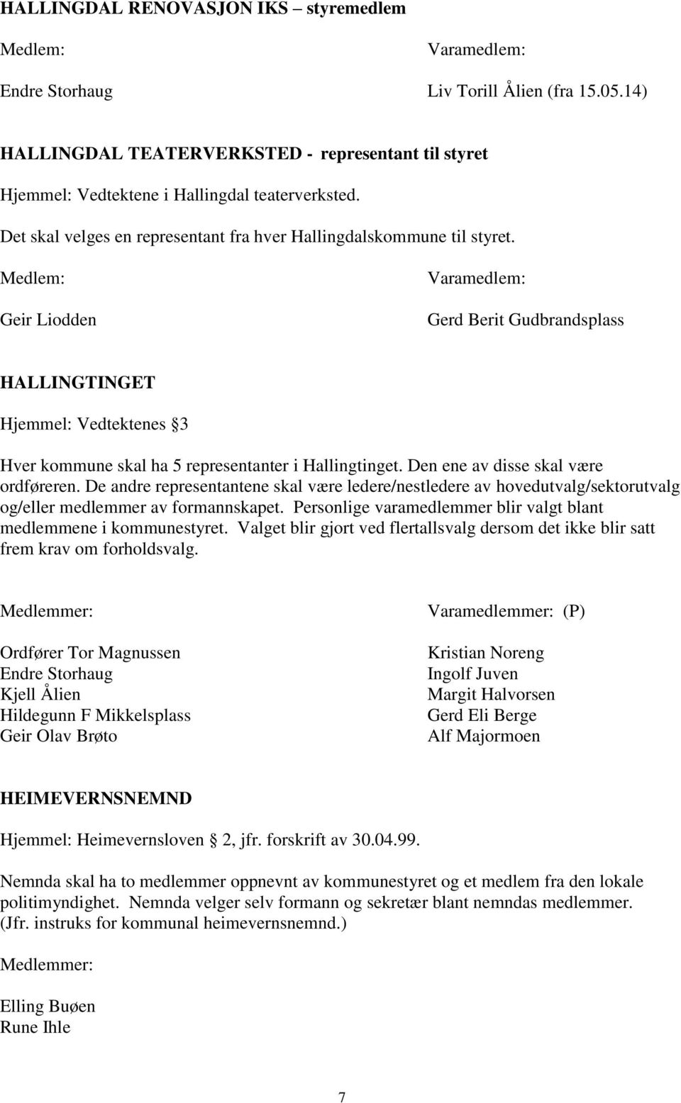 Geir Liodden Gerd Berit Gudbrandsplass HALLINGTINGET Hjemmel: Vedtektenes 3 Hver kommune skal ha 5 representanter i Hallingtinget. Den ene av disse skal være ordføreren.