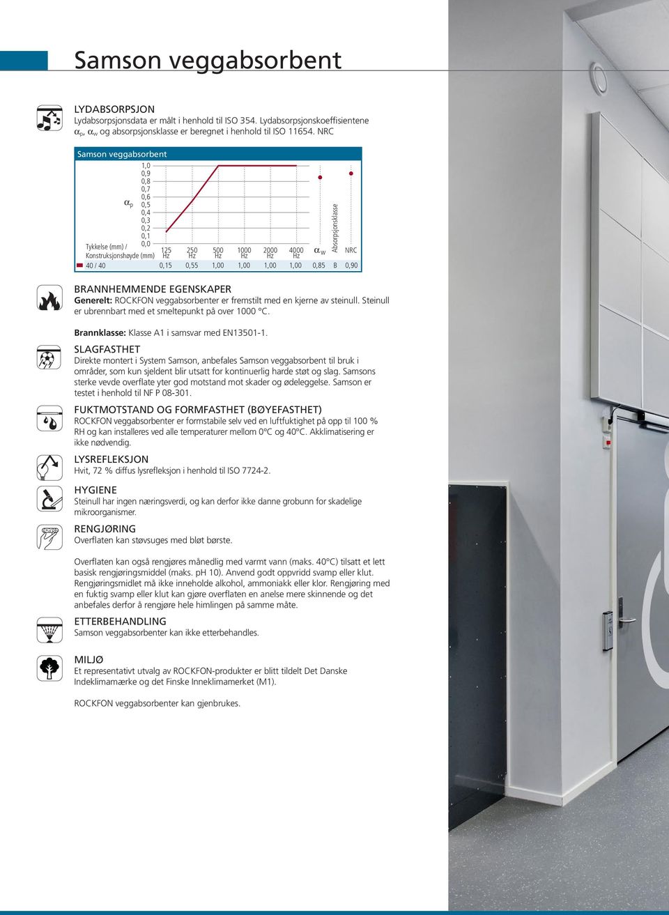 1,00 0,85 B 0,90 BRANNHEMMENDE EGENSKAPER Generelt: ROCKFON veggabsorbenter er fremstilt med en kjerne av steinull. Steinull er ubrennbart med et smeltepunkt på over 1000 C.