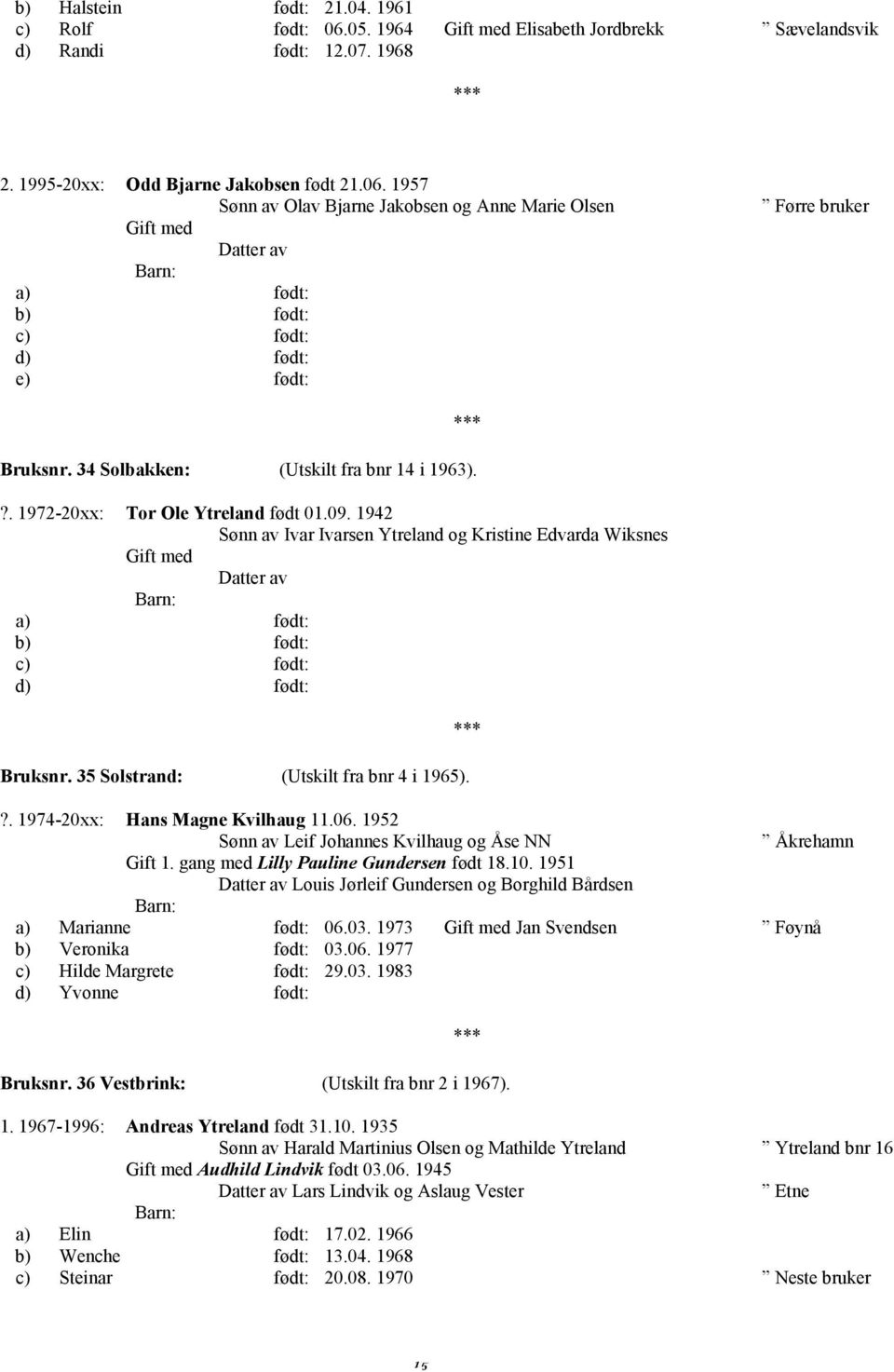 1942 Sønn av Ivar Ivarsen Ytreland og Kristine Edvarda Wiksnes Gift med a) født: b) født: c) født: d) født: Bruksnr. 35 Solstrand: (Utskilt fra bnr 4 i 1965).?. 1974-20xx: Hans Magne Kvilhaug 11.06.